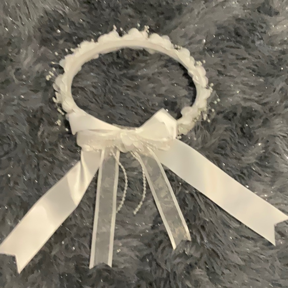 White Floral Headband with Ribbon